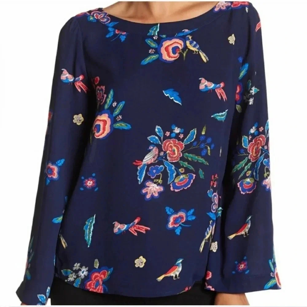 Philosophy Republic Clothing Navy Floral Bird Print Bell Sleeve‎ Blouse  Small